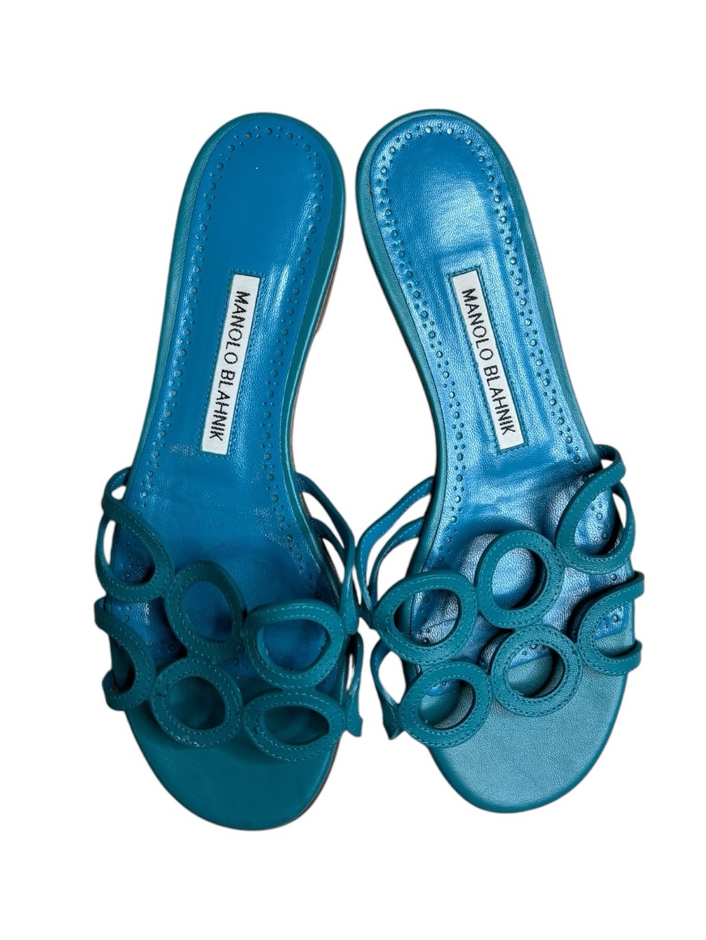 Vintage Manolo Blahnik Y2K Geometric Leather Sandals Size 37 Bright Blue - Picture 1 of 6